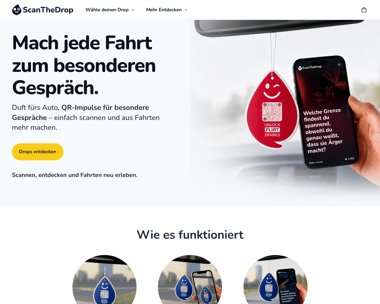 Duftanhänger mit QR-Impulsen fürs Auto – ScanTheDrop homepage
